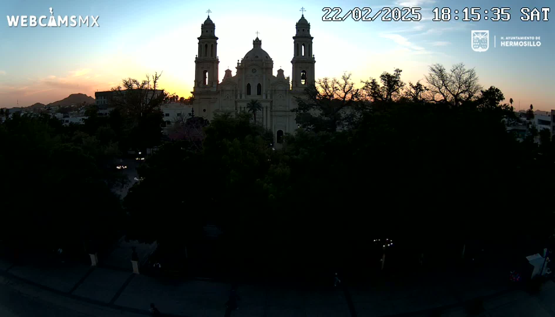 A large cathedral is silhouetted against a twilight sky, surrounded by dark trees and a city at dusk.