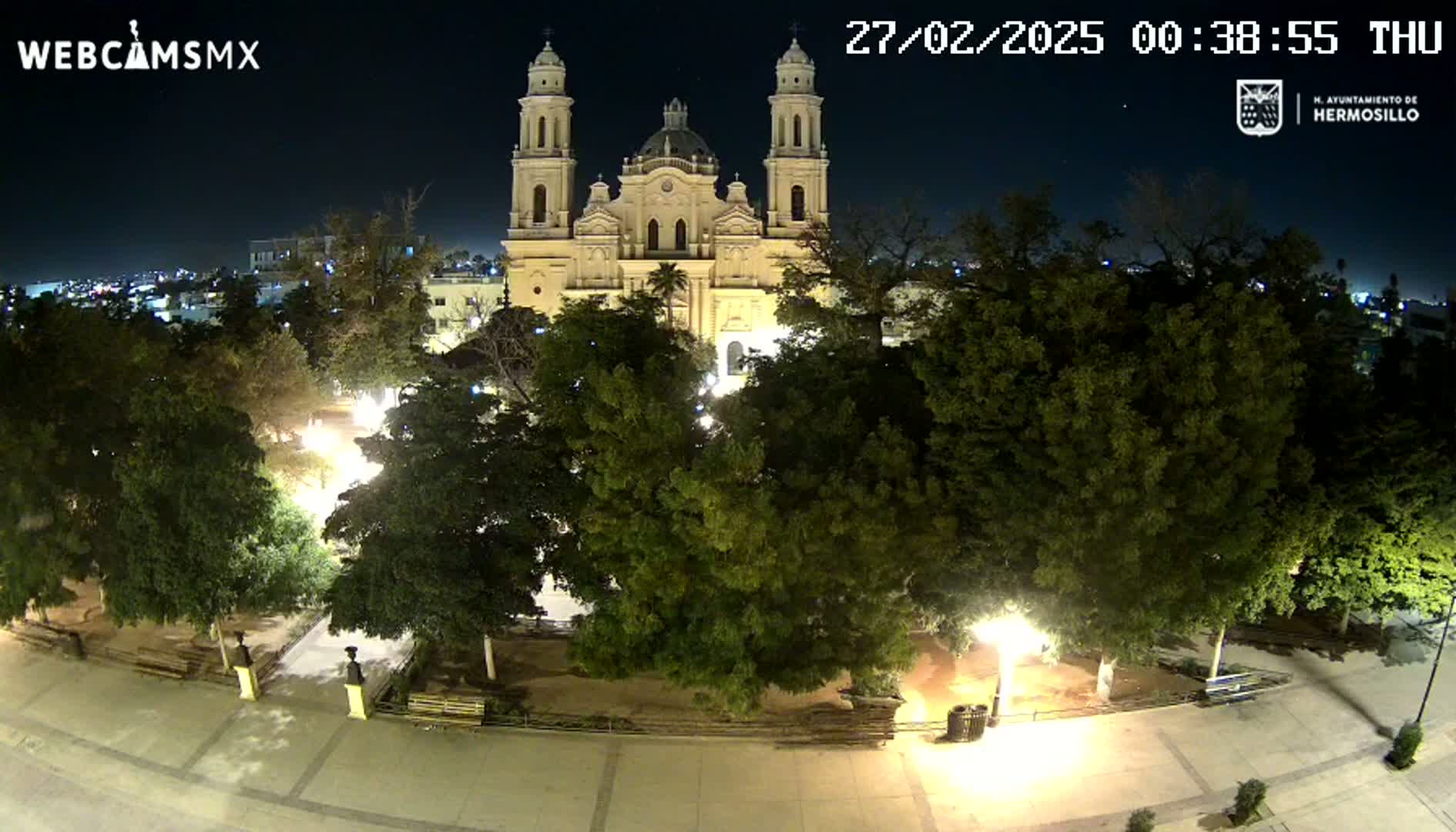 A brightly lit cathedral stands in a park at night, surrounded by lush green trees under a clear, dark sky.
