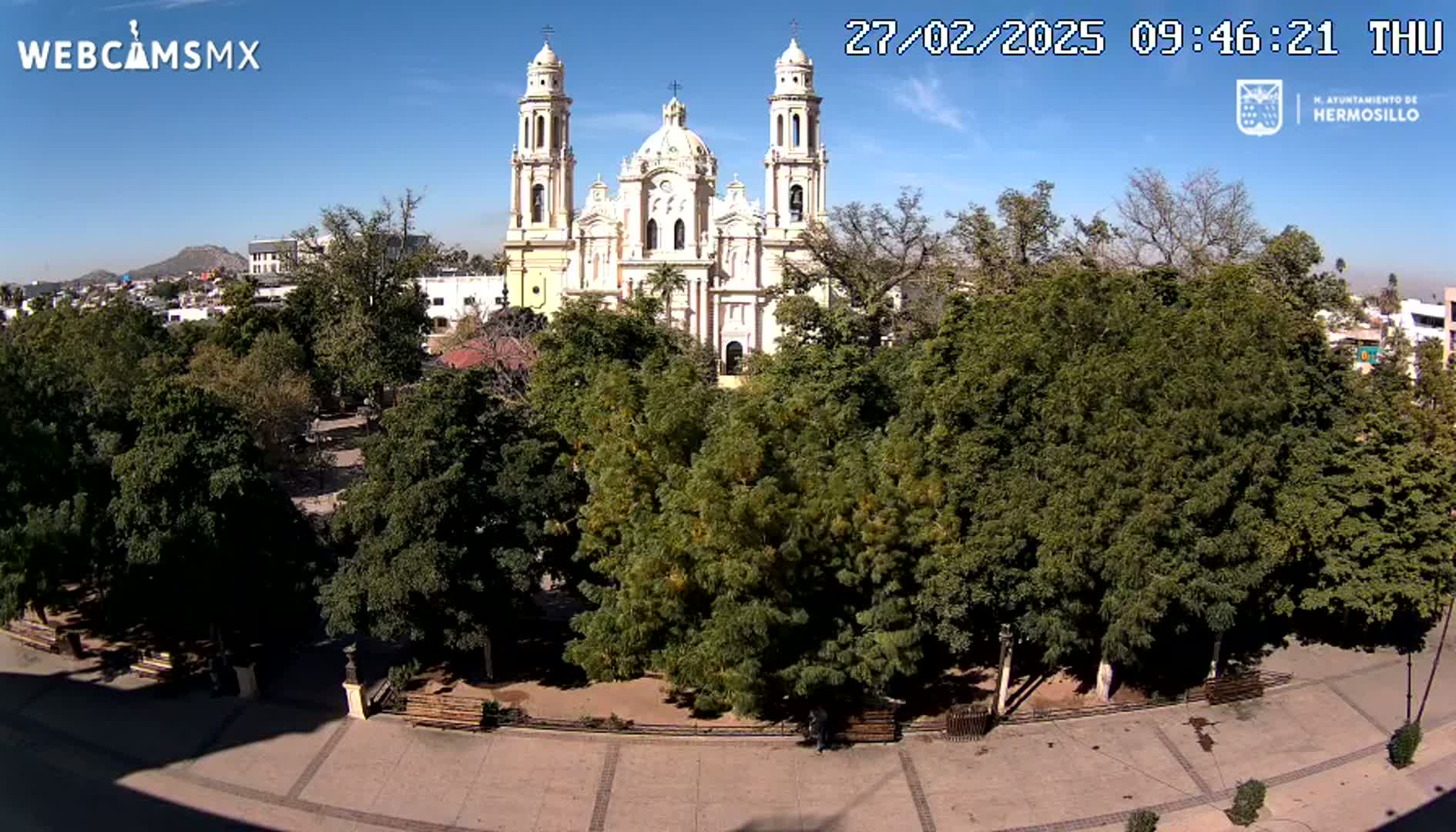 A large cathedral stands behind a plaza filled with leafy green trees on a sunny day.