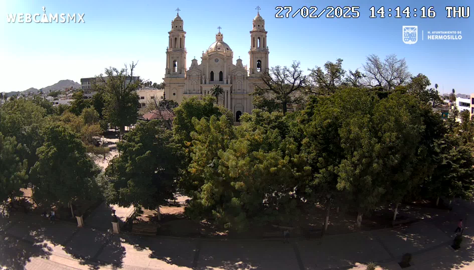 A large cathedral stands behind a plaza filled with leafy green trees under a clear, sunny sky.