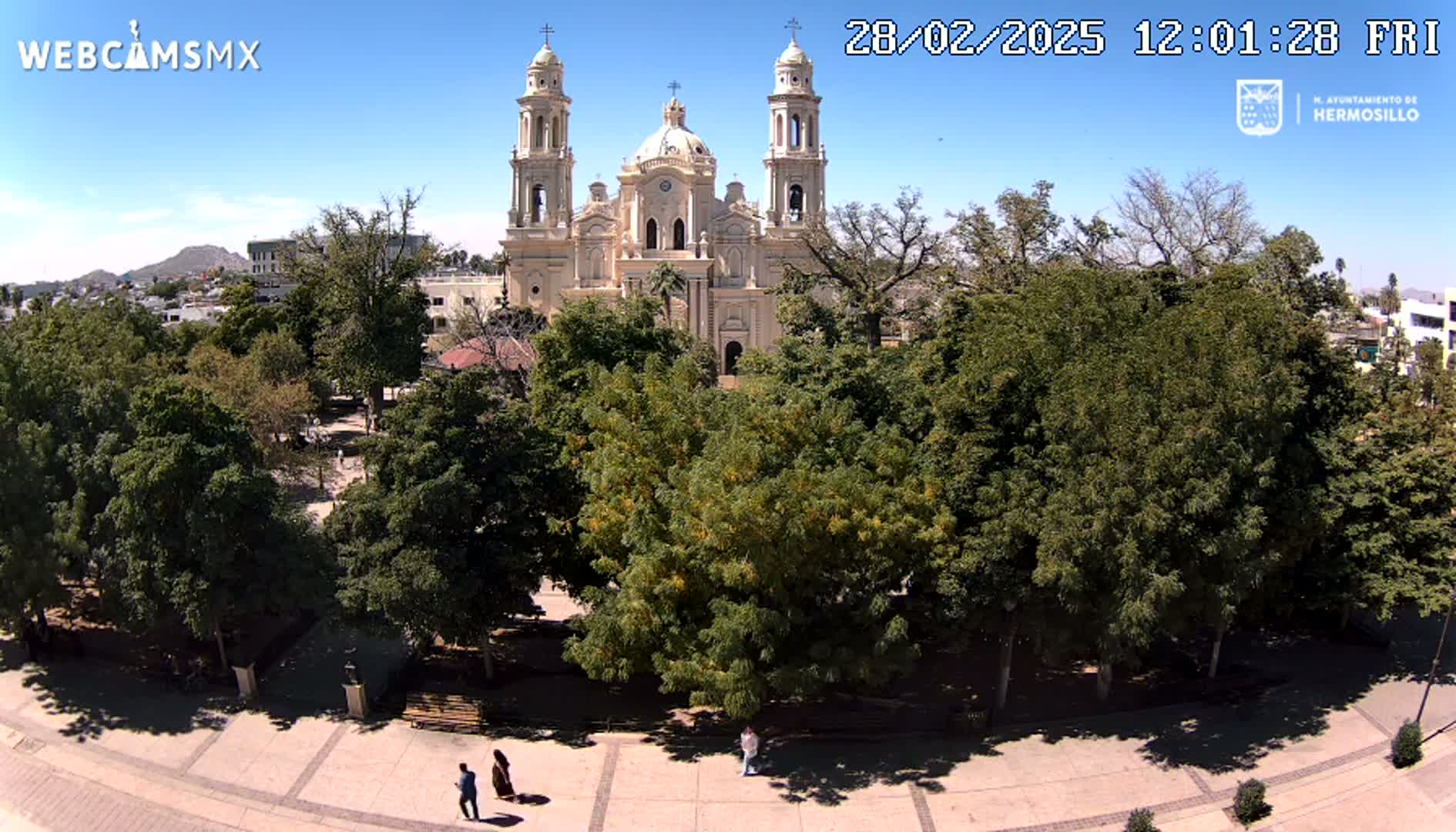 A large tan cathedral is seen from above, surrounded by lush green trees in a plaza on a sunny day.