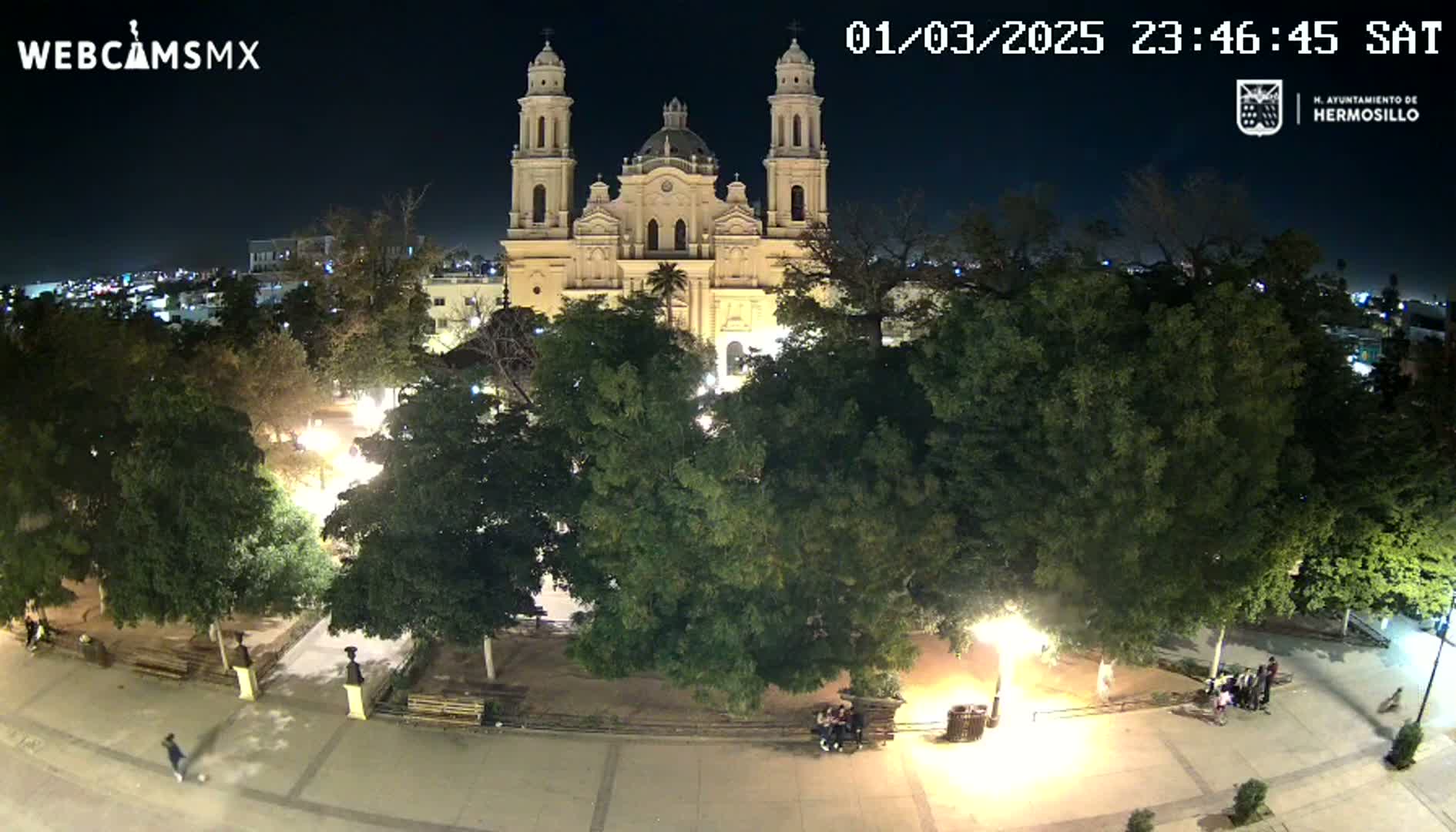 A nighttime view of a plaza with a large cathedral at its center, surrounded by trees and a few people.