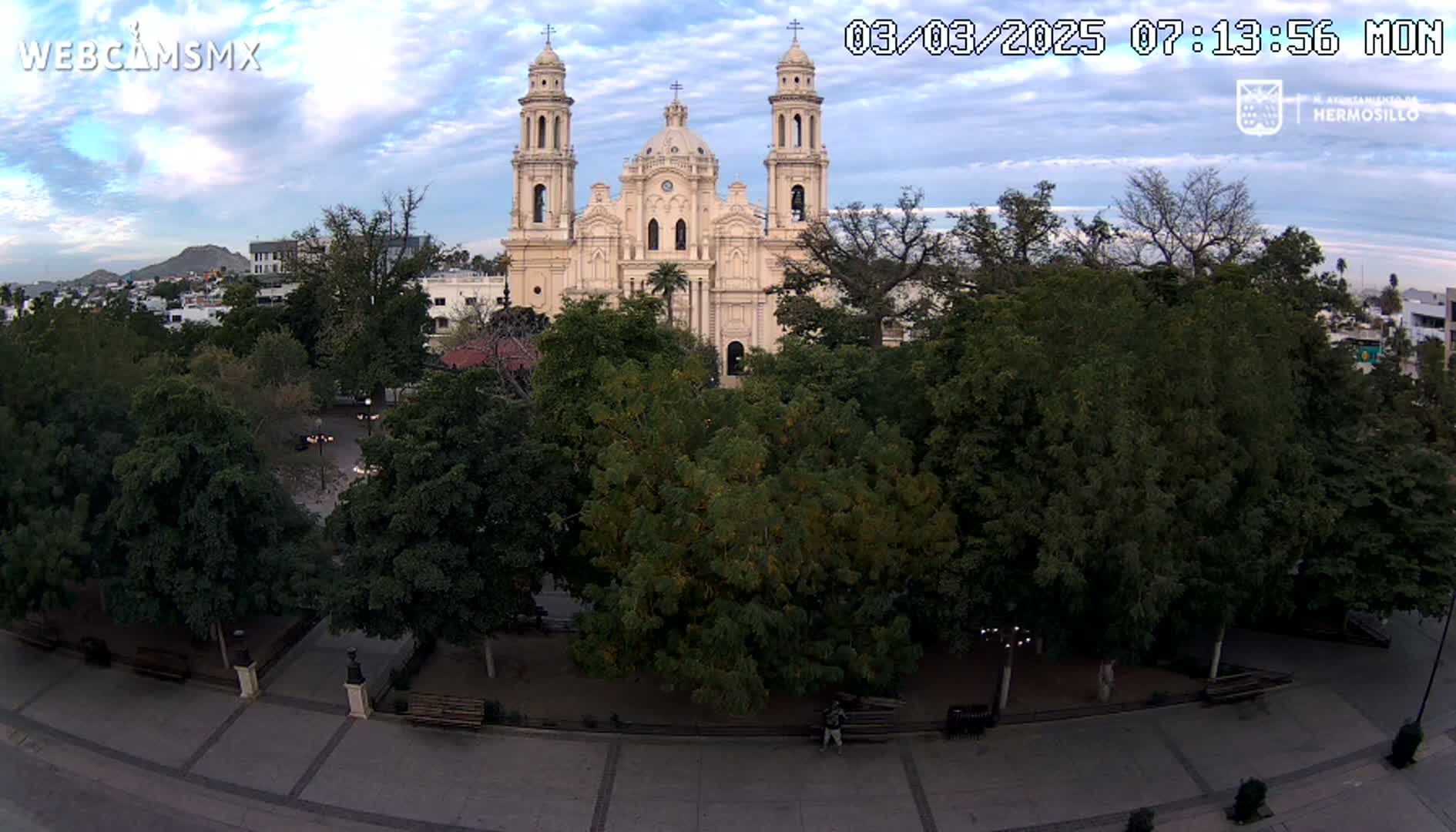 An aerial view shows a large cathedral surrounded by lush green trees in a town square under a partly cloudy sky.