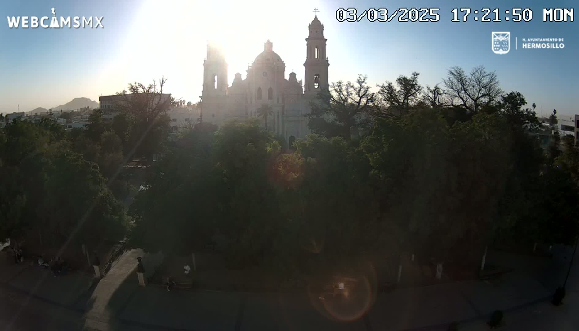 A large, light-colored cathedral stands behind a square of leafy green trees, bathed in the bright sunlight of a clear, sunny afternoon.