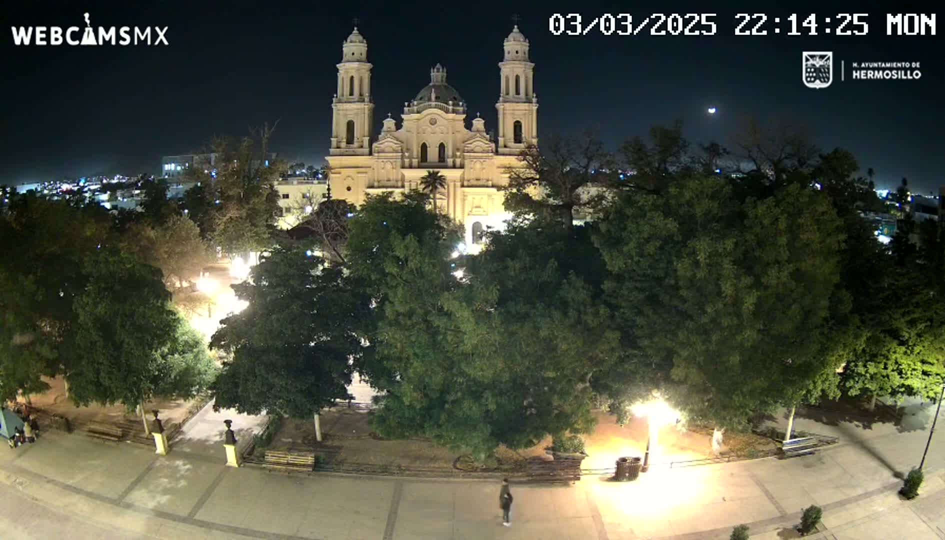 A large cathedral is visible at night, surrounded by a plaza with trees and park benches under a clear sky with a visible moon.