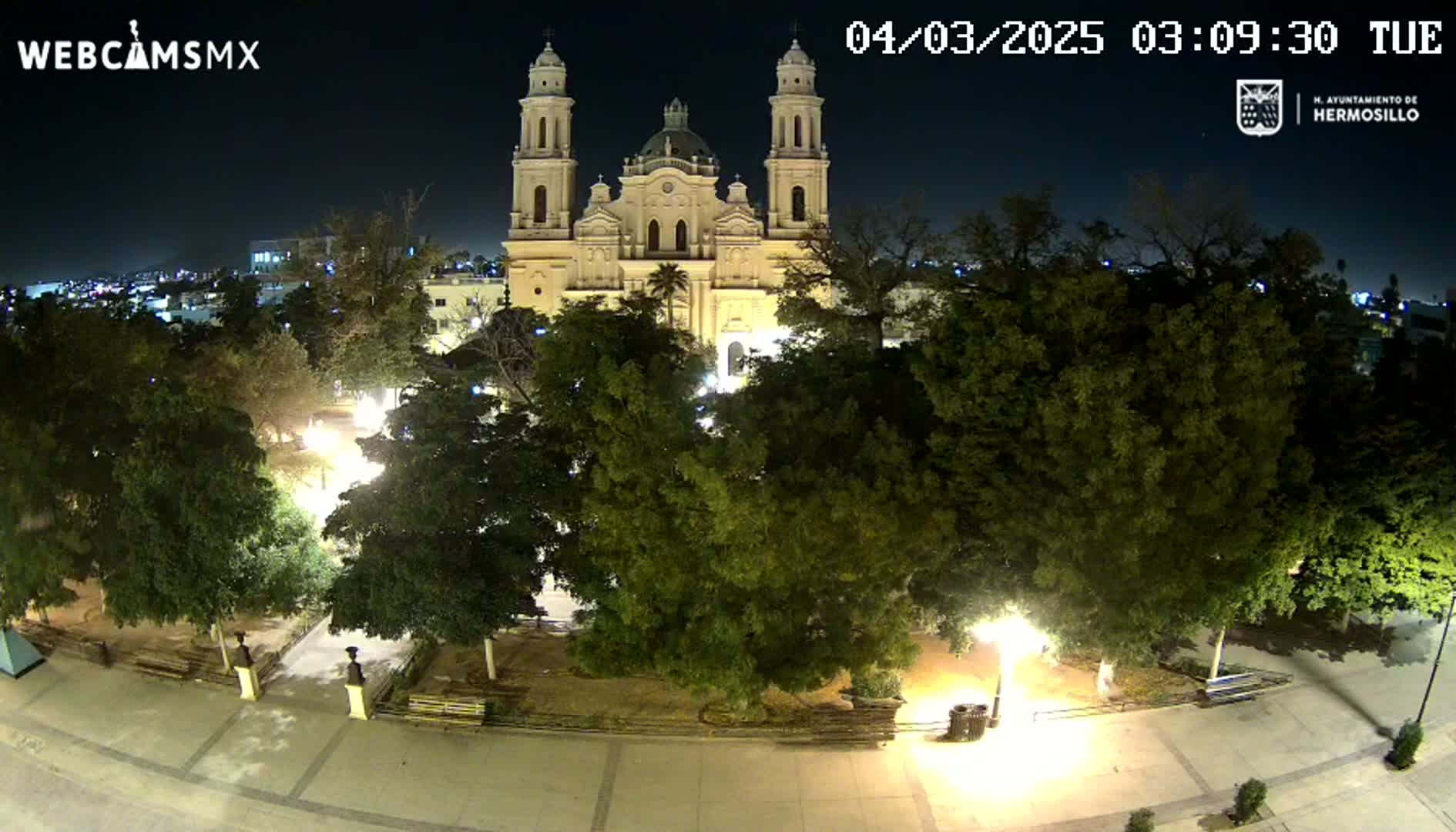 A brightly lit plaza at night, surrounded by lush green trees, features a large church in the background under a clear, dark sky.