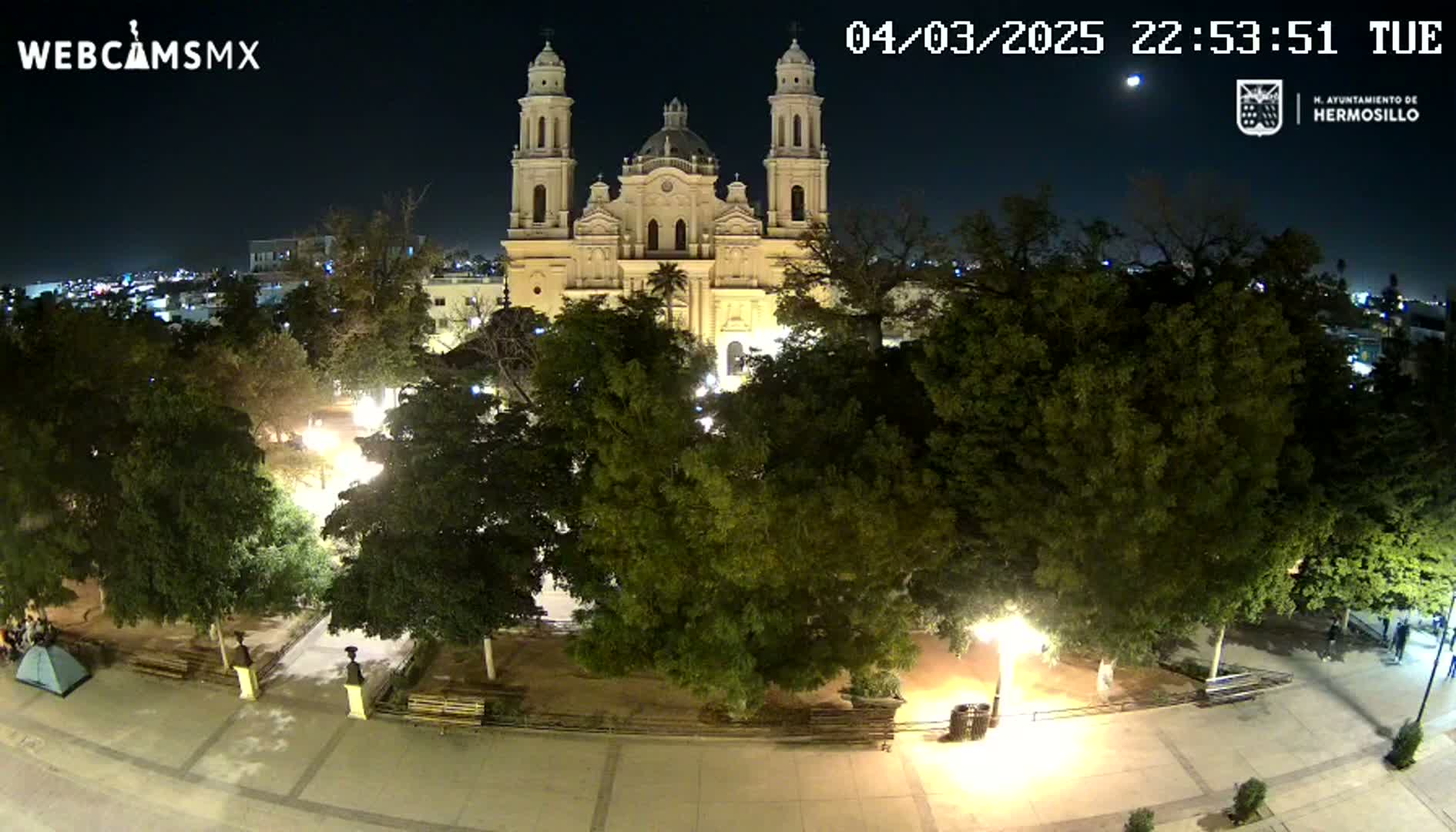 A large cathedral is illuminated at night, surrounded by a plaza with trees and walkways under a clear moonlit sky.