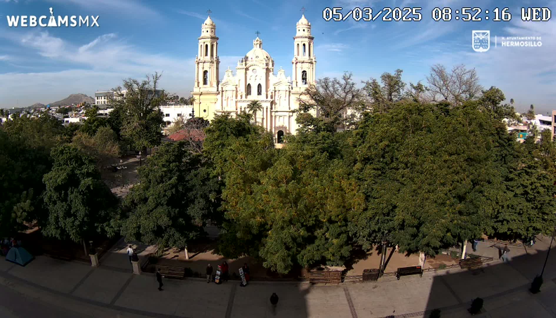 A large cathedral is visible from across a town square filled with leafy green trees on a sunny day.