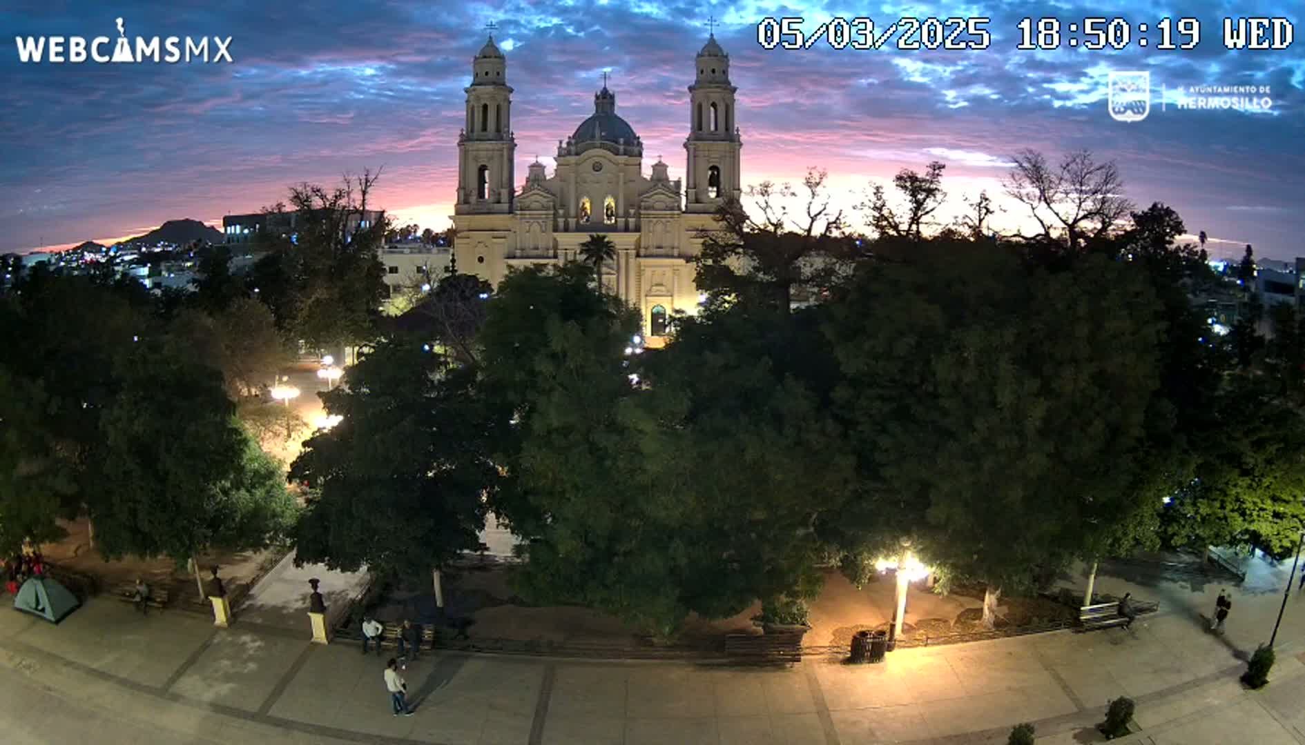 A large cathedral is situated in a town square at dusk, surrounded by lush green trees and illuminated by streetlights under a partly cloudy sky.
