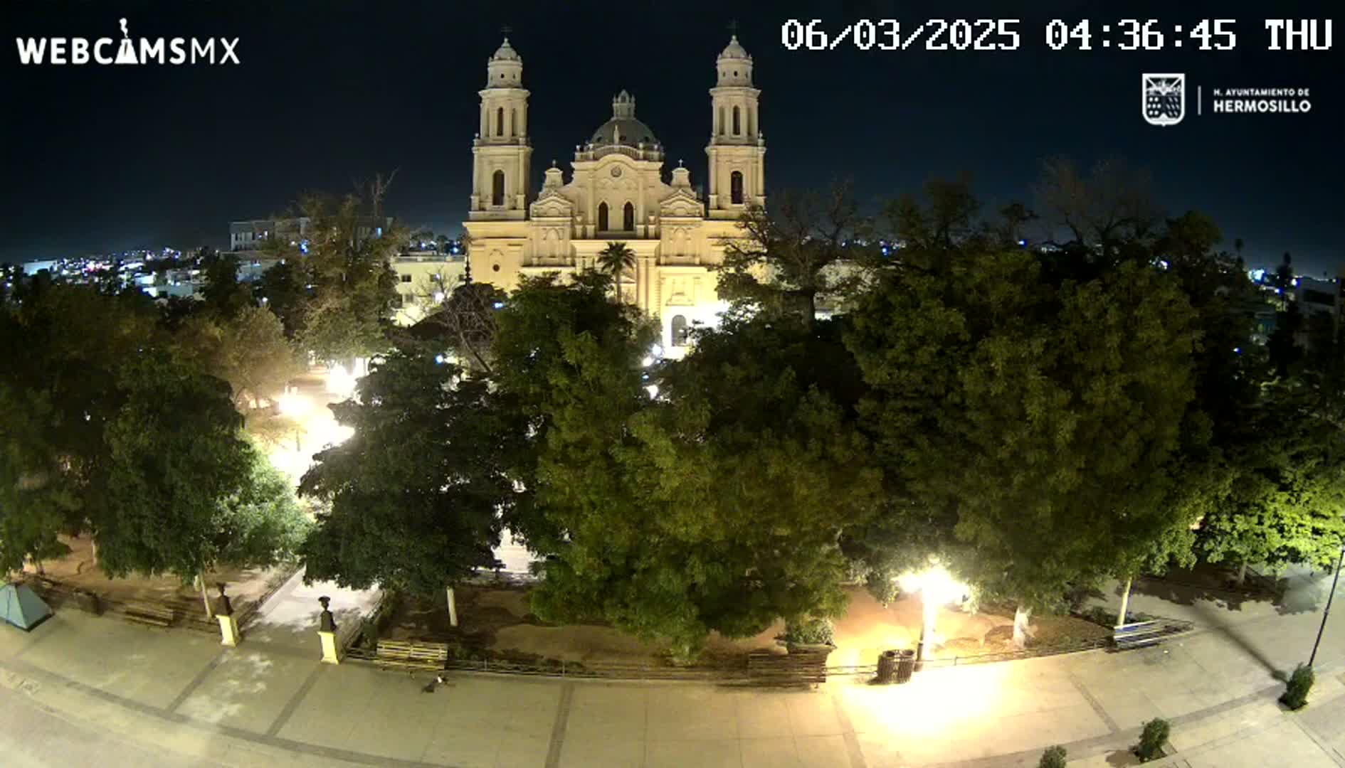 A brightly lit cathedral stands at night behind a plaza with many trees and streetlights.