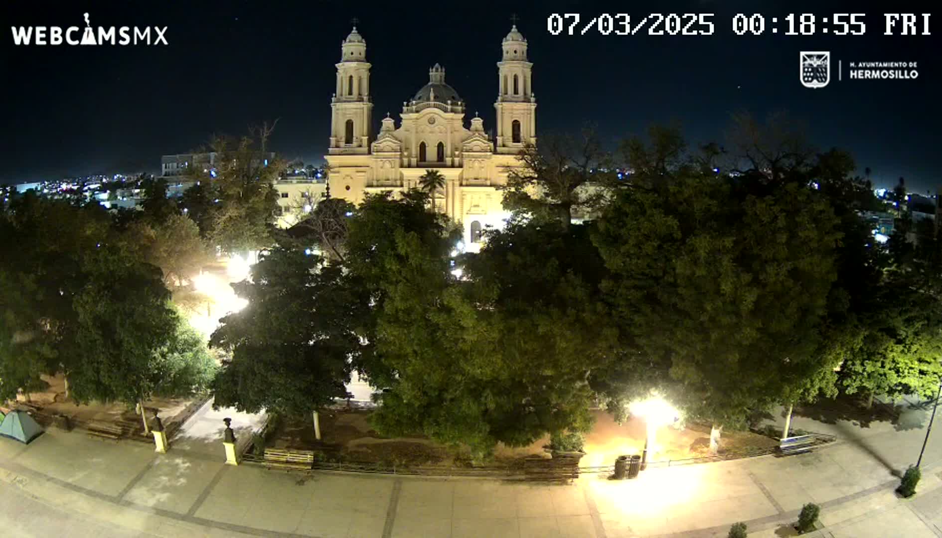 A large, illuminated cathedral stands in a plaza at night, surrounded by lush green trees and park benches under a clear, dark sky.