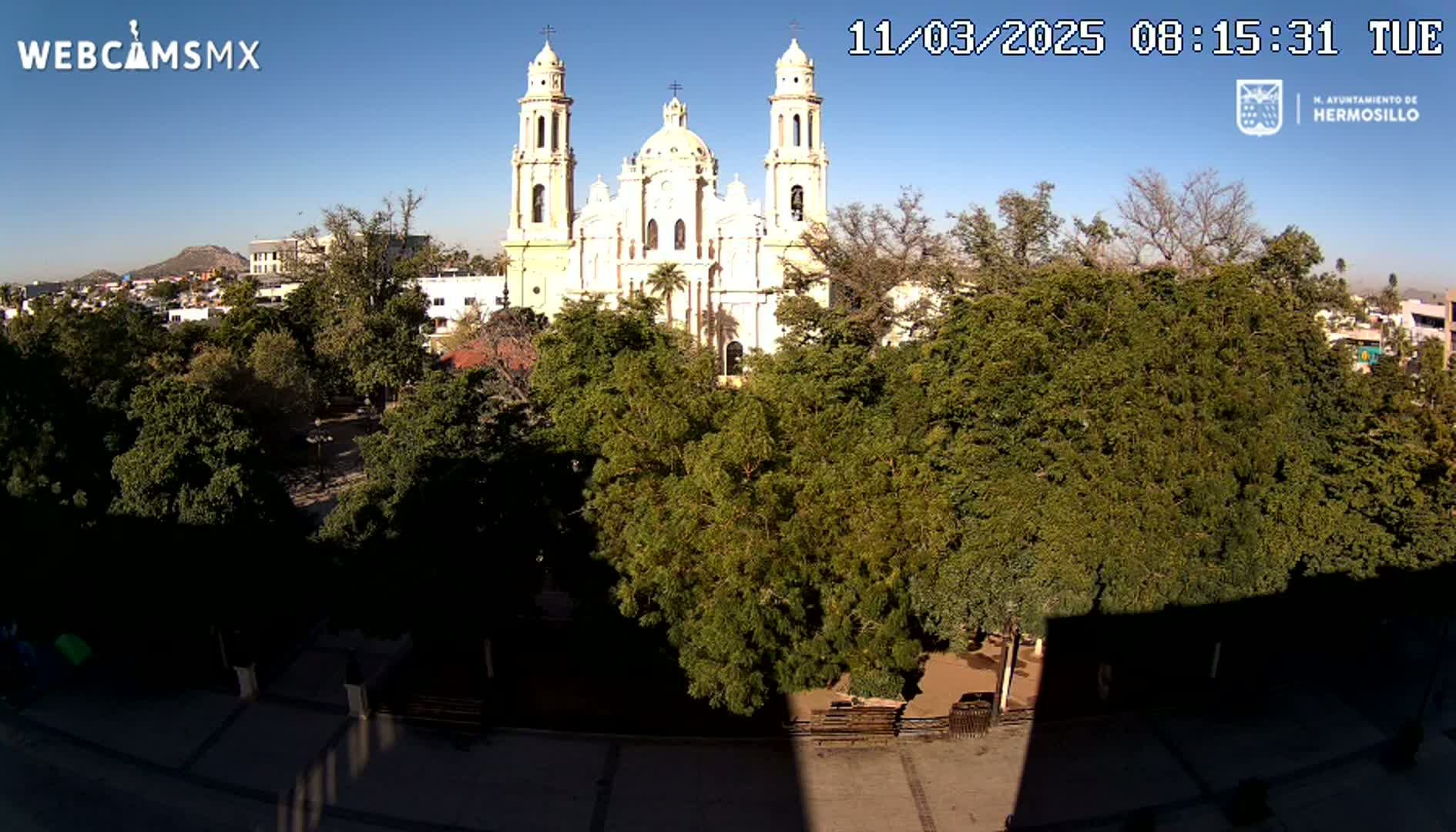 A large cathedral is seen from across a plaza filled with lush green trees under a clear blue sky.