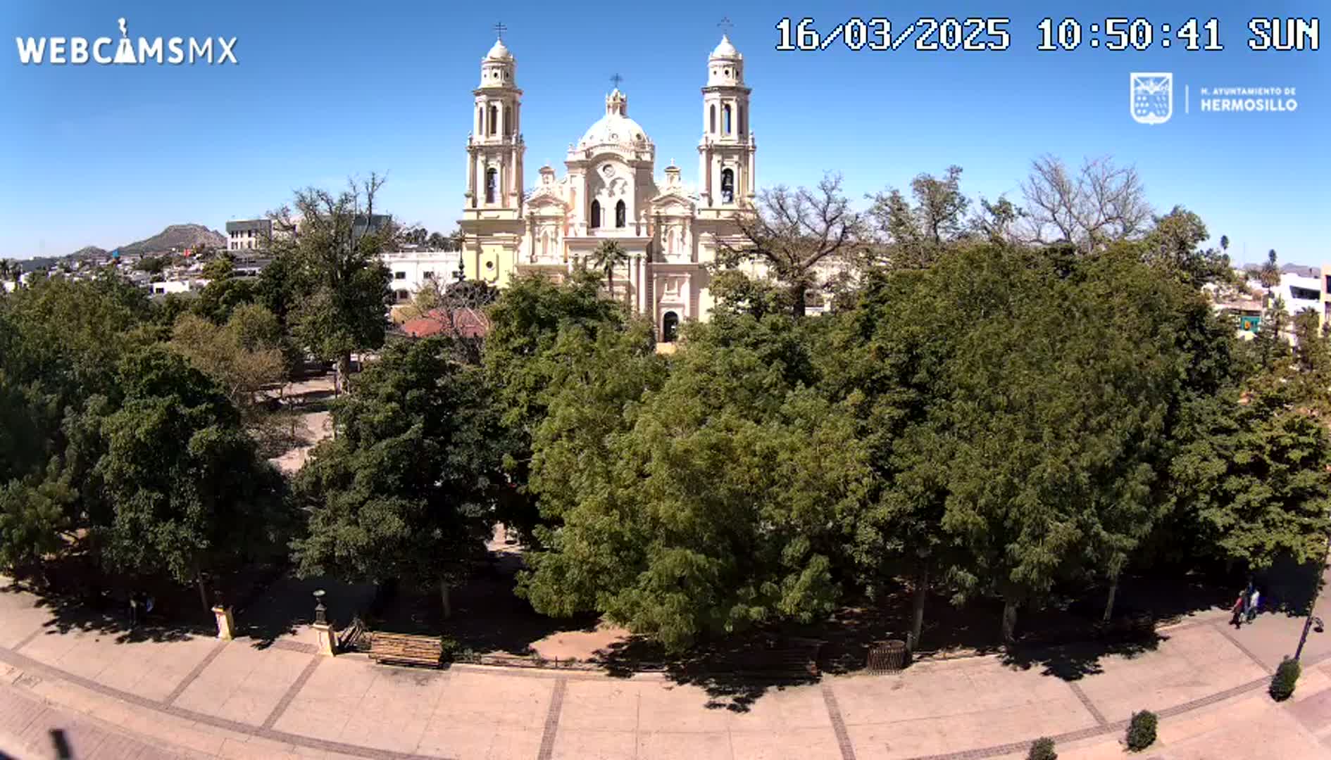 A large cathedral stands behind a plaza filled with lush green trees under a clear, sunny sky.
