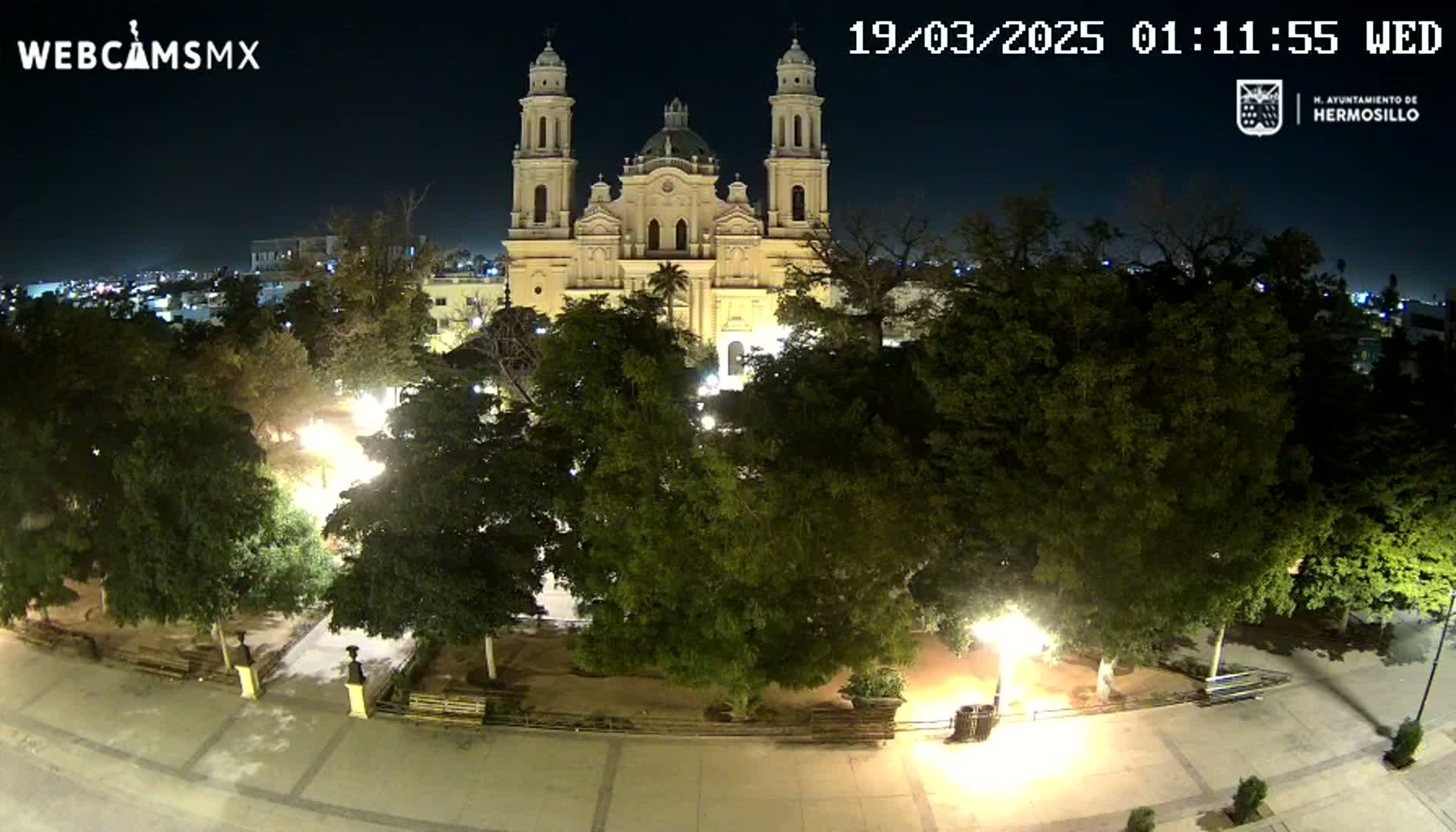 A brightly lit cathedral stands at night behind a plaza filled with leafy green trees and ambient lighting.