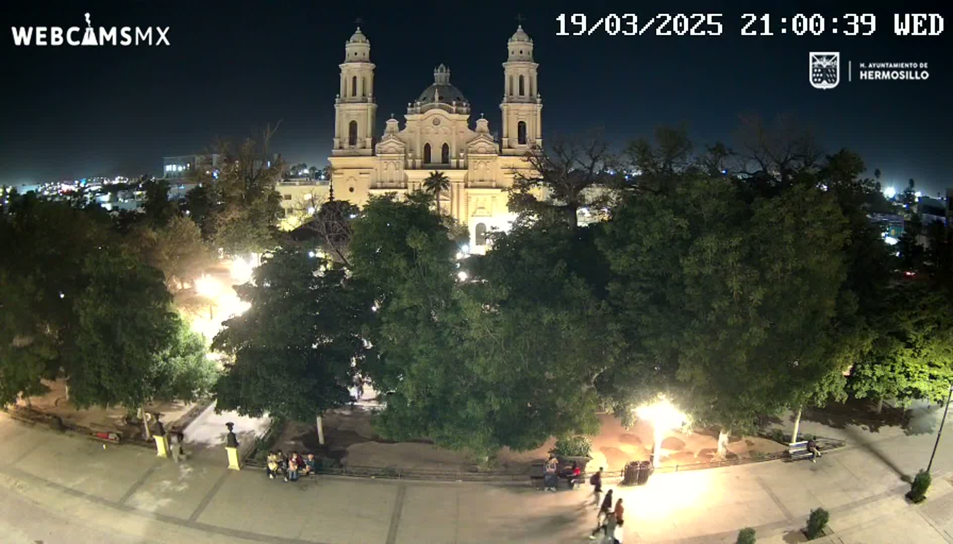 A brightly lit plaza at night, featuring a large cathedral in the background and numerous trees surrounding a paved area with people walking.