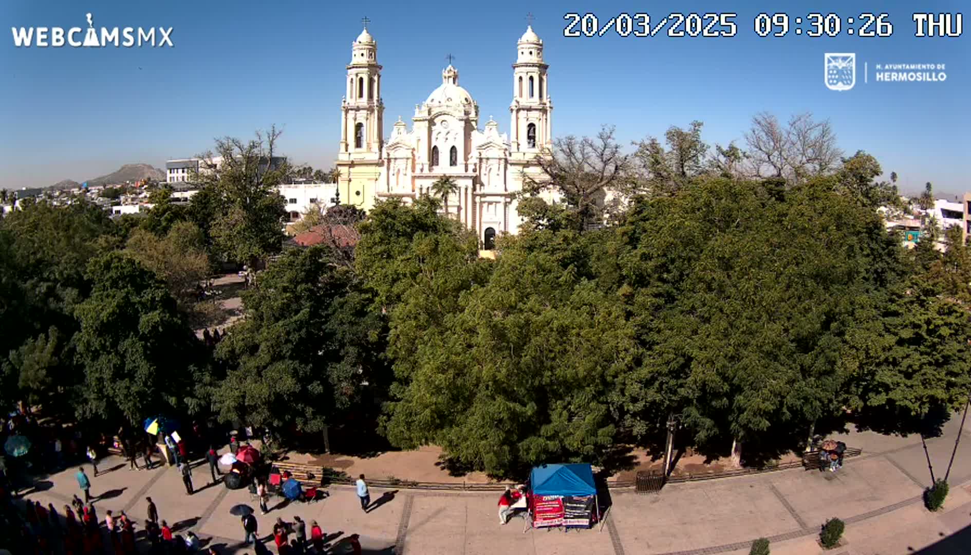 A large cathedral is visible beyond a plaza filled with leafy green trees and numerous people under a clear, sunny sky.