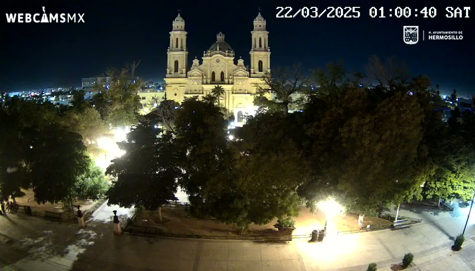 A large, illuminated cathedral is visible at night, surrounded by a park with trees and walkways under a clear, dark sky.