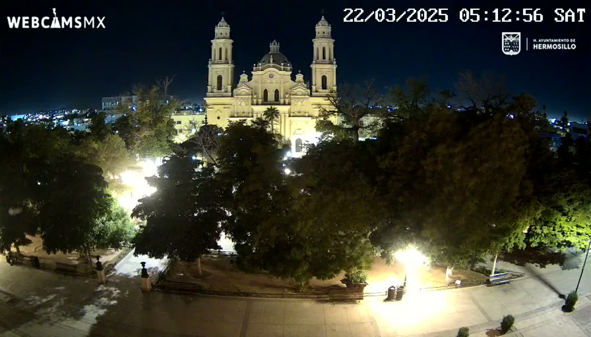 A brightly lit cathedral stands behind a tree-filled plaza at night.