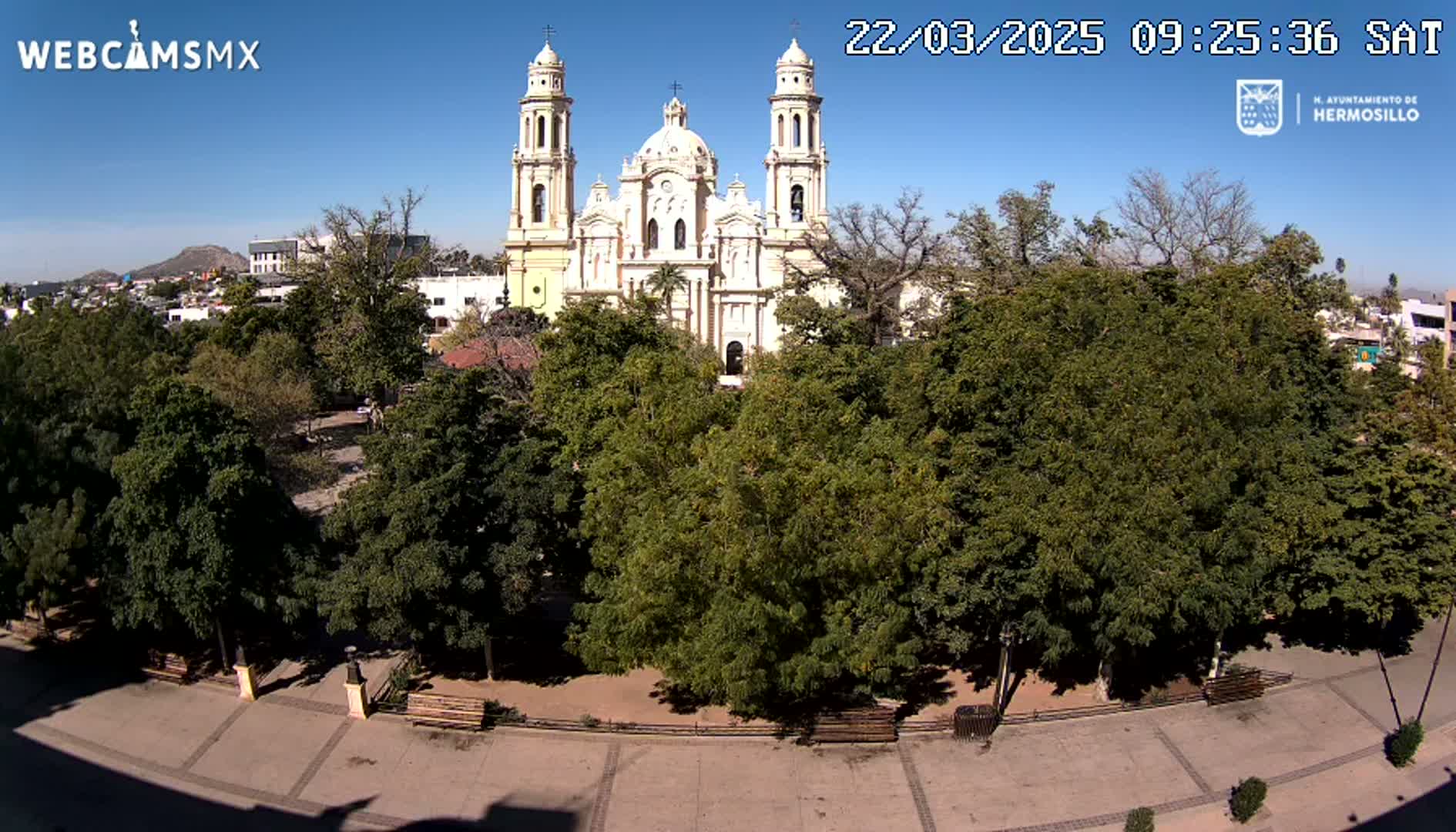 A large cathedral is visible beyond a plaza filled with lush green trees and park benches under a clear blue sky.