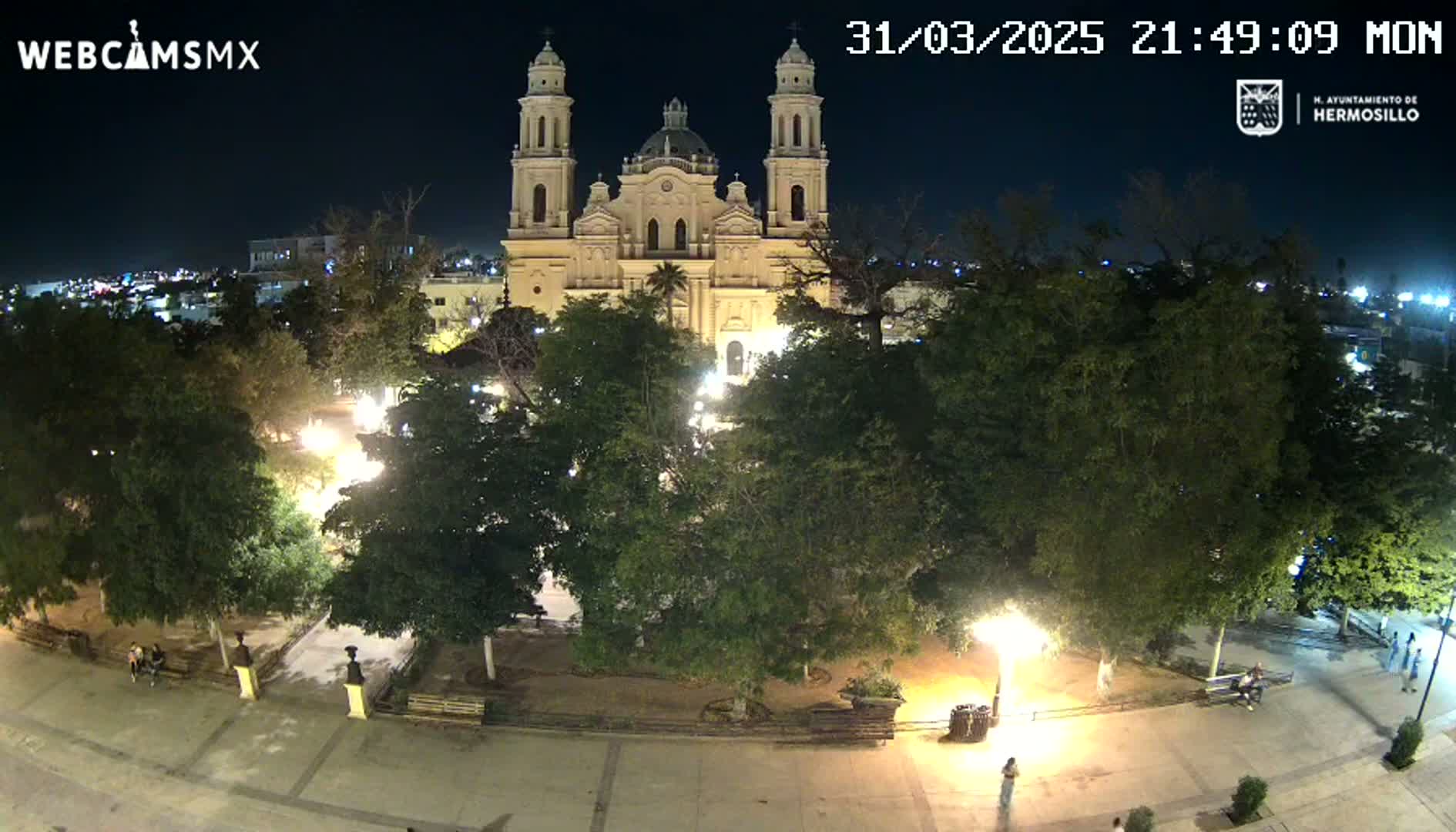 A brightly lit cathedral stands behind a plaza filled with trees and a few people at night.