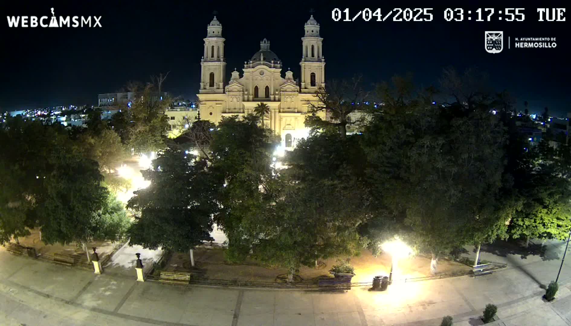 A brightly lit cathedral stands at the center of a plaza surrounded by trees at night.