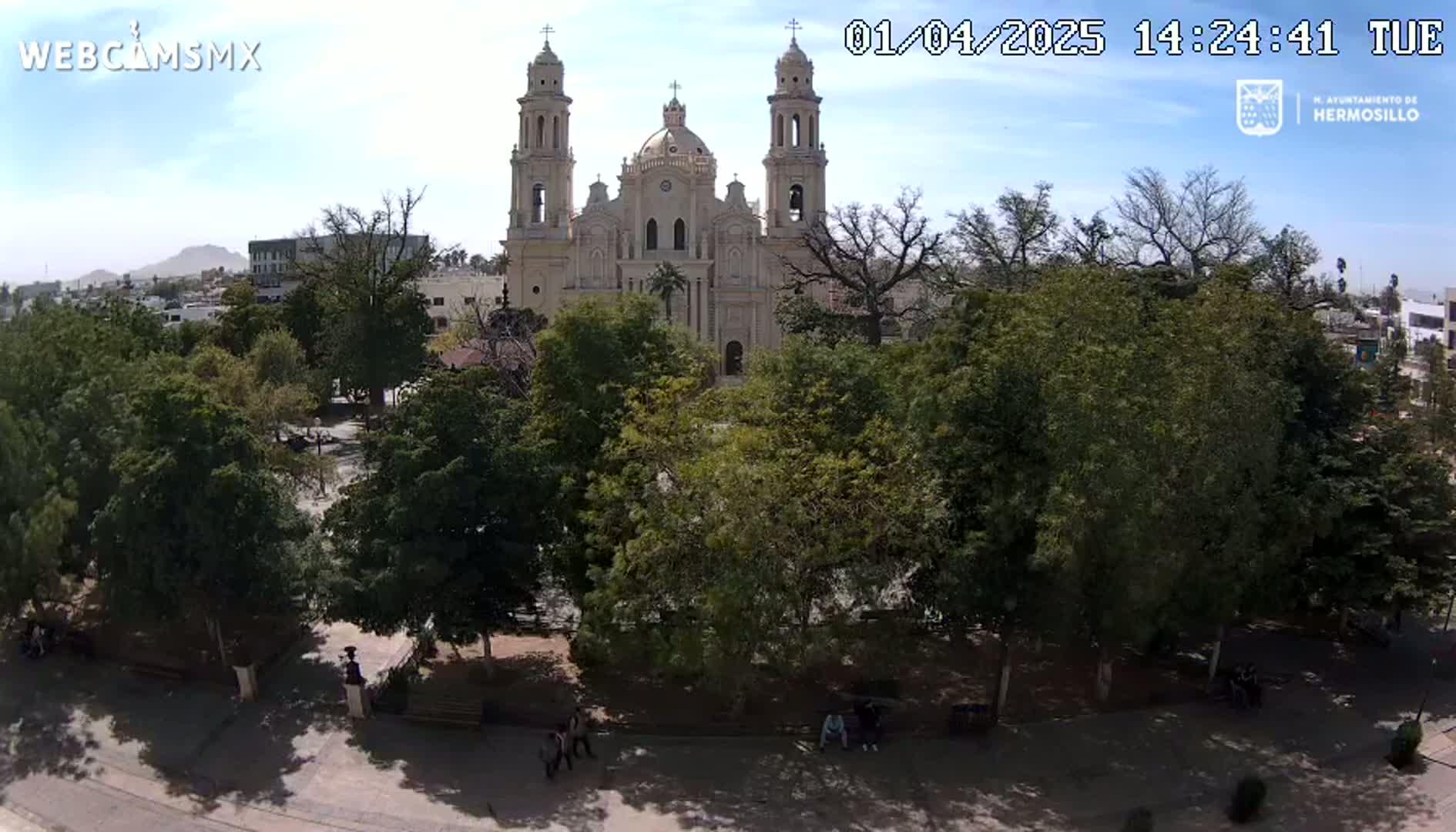 A large cathedral is visible beyond a tree-filled plaza on a sunny day.