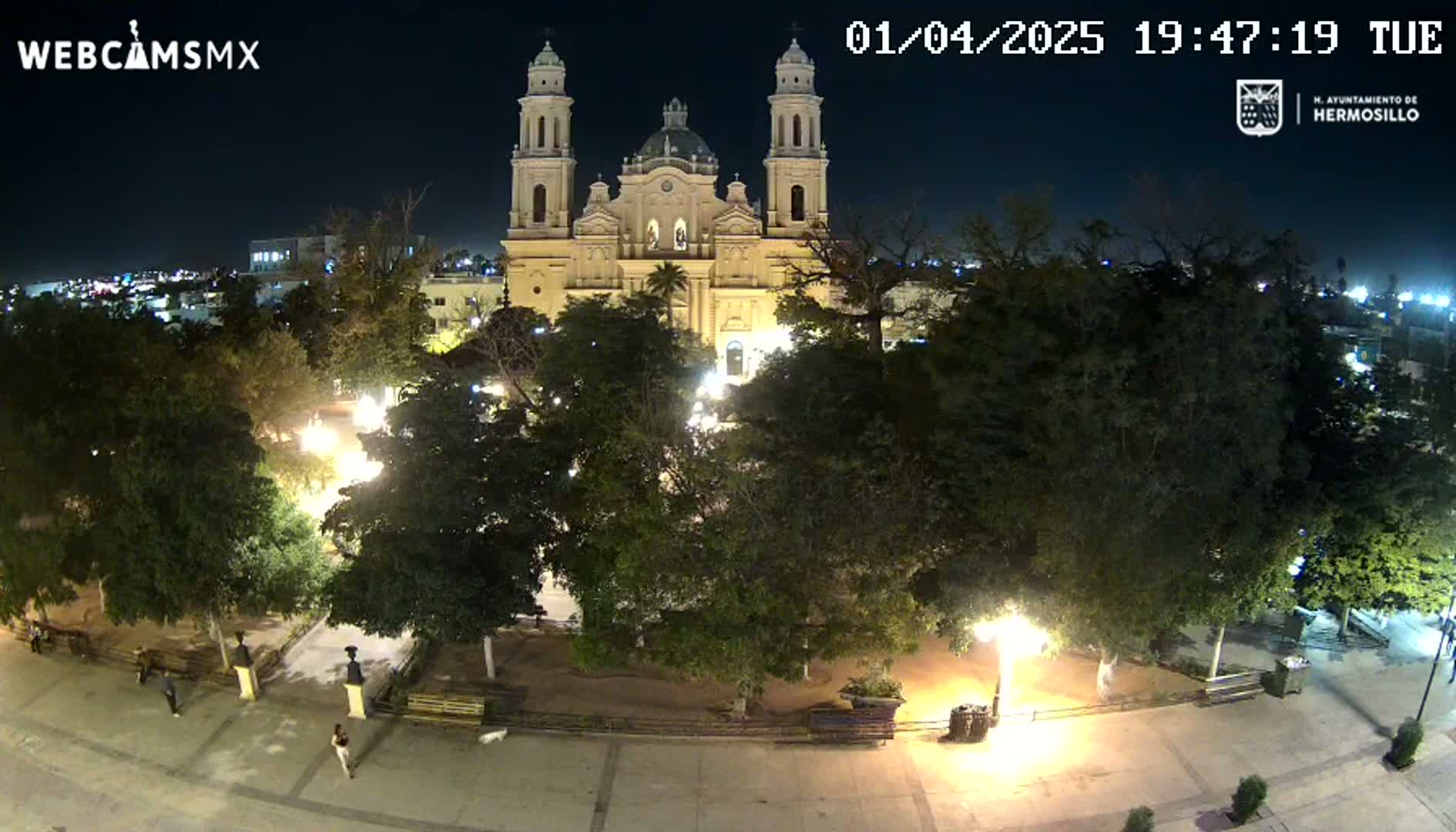 A brightly lit cathedral stands at night behind a plaza with trees and walkways, under a clear, dark sky.