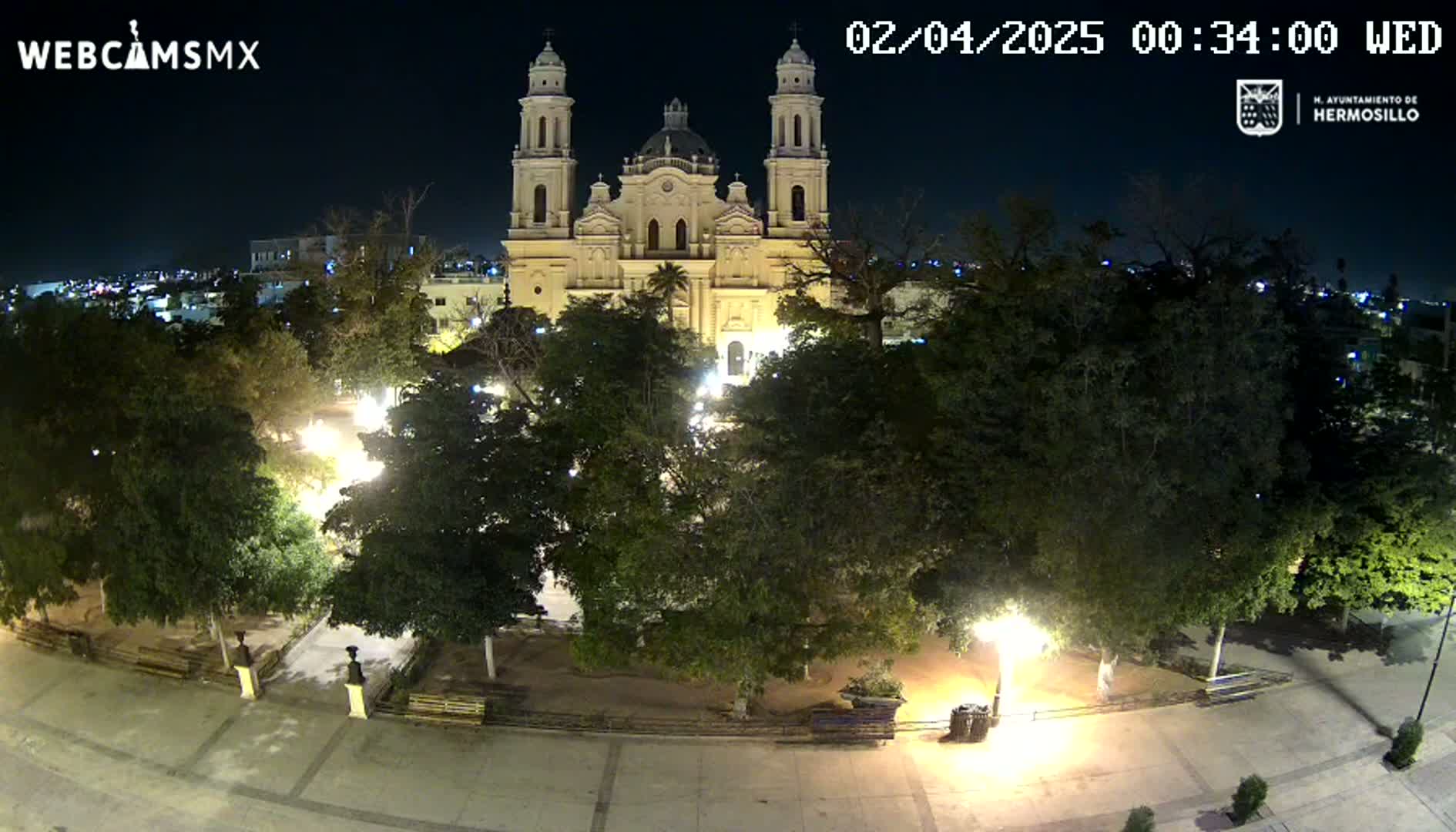 A brightly lit cathedral stands at night behind a park filled with trees and benches, under a clear sky.