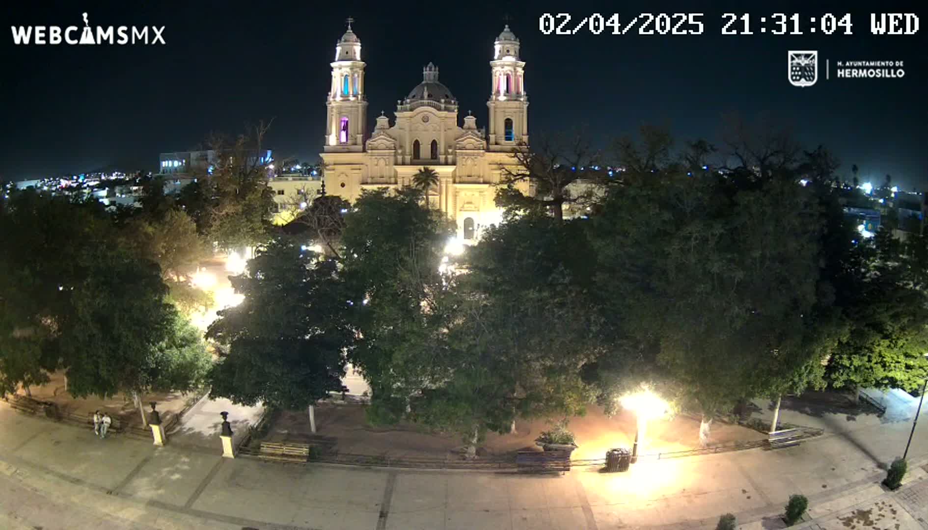 A brightly lit cathedral stands in a plaza at night, surrounded by trees and illuminated walkways under a clear sky.