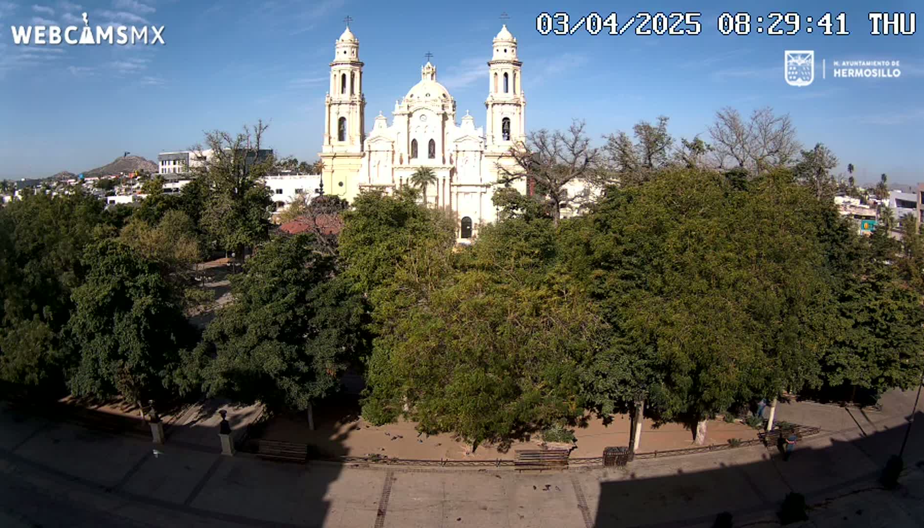 A large, white cathedral stands behind a park filled with lush green trees under a clear blue sky.