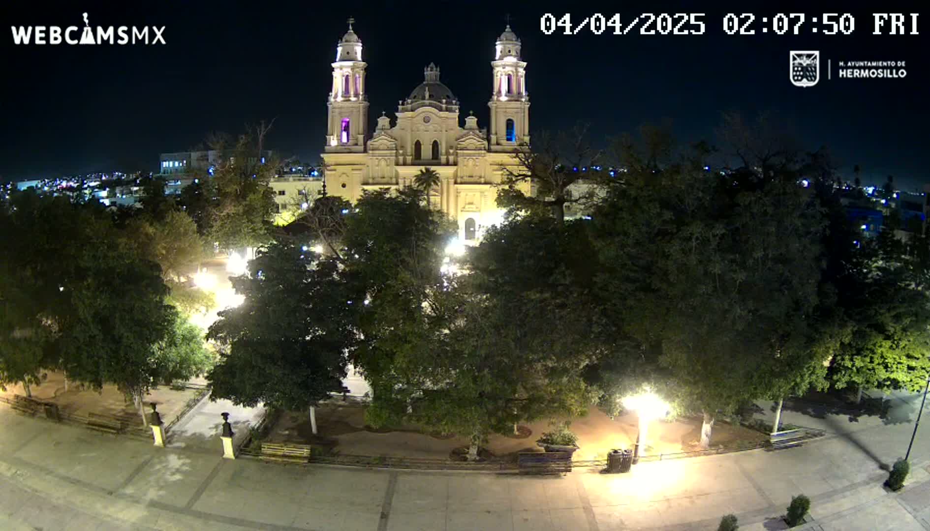 A brightly lit cathedral stands in a plaza at night, surrounded by leafy trees and illuminated pathways.