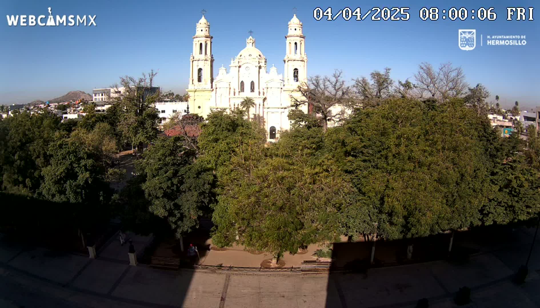 A large white cathedral sits behind a plaza filled with lush green trees under a clear blue sky.