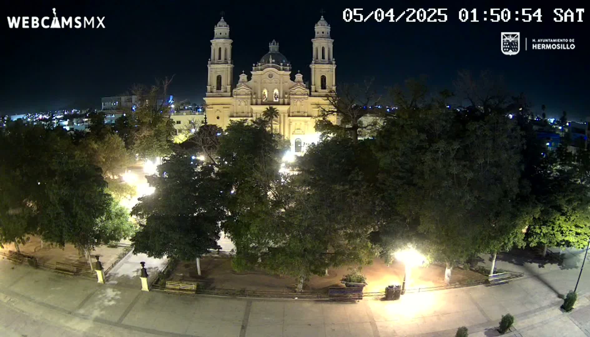 A brightly lit plaza at night, surrounded by leafy green trees, features a large cathedral in the background under a clear, dark sky.