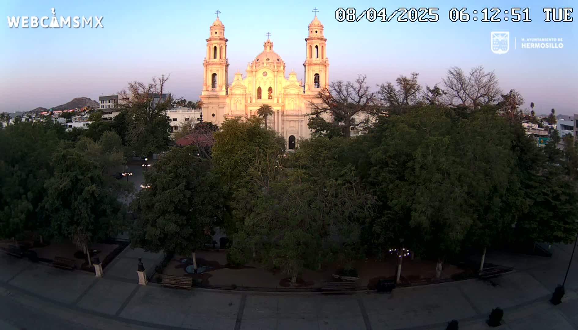 A large, light-colored cathedral stands in a plaza surrounded by lush green trees under a clear twilight sky.