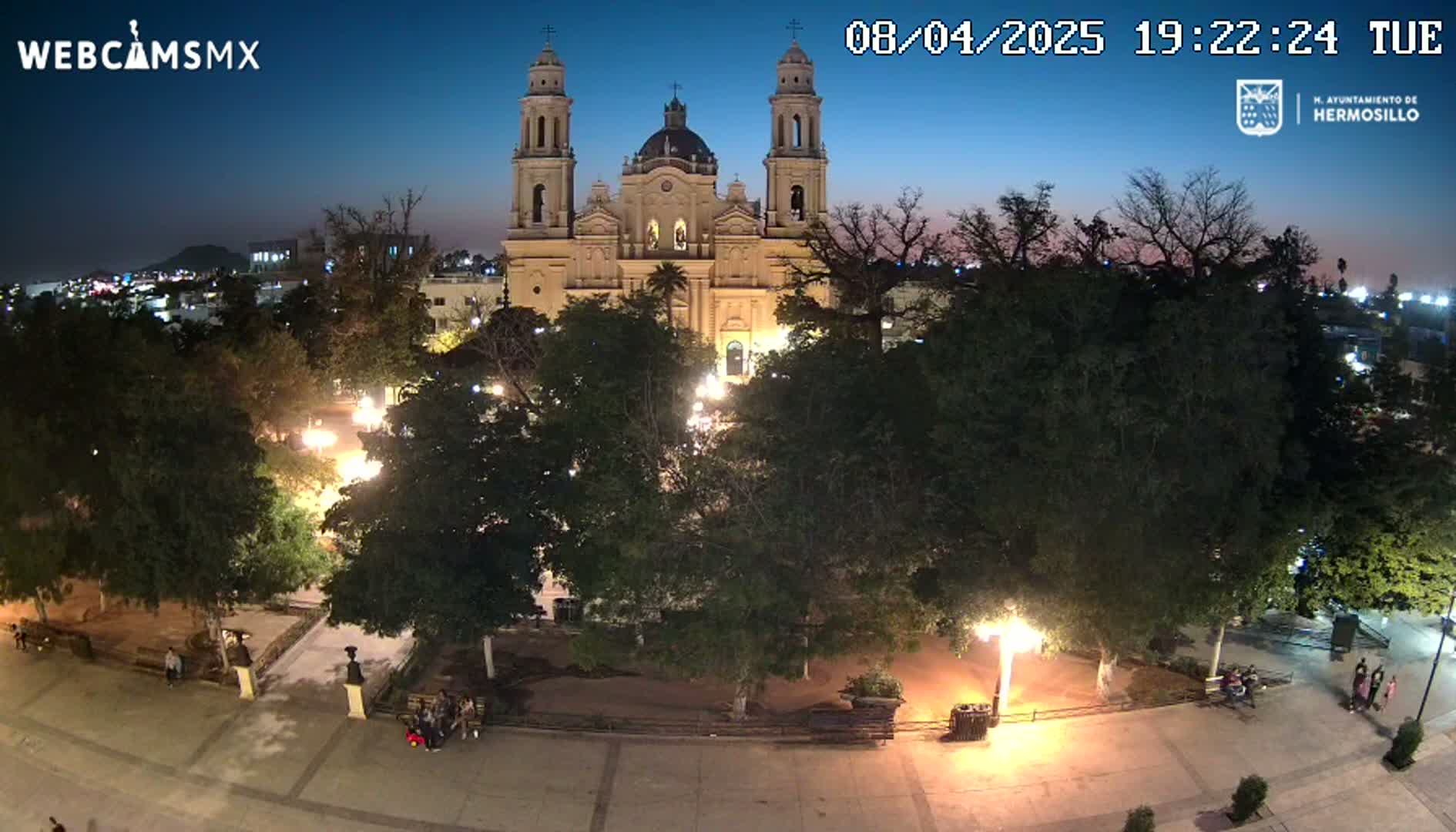 A brightly lit plaza at night, with a large cathedral in the background under a twilight sky, surrounded by numerous trees.