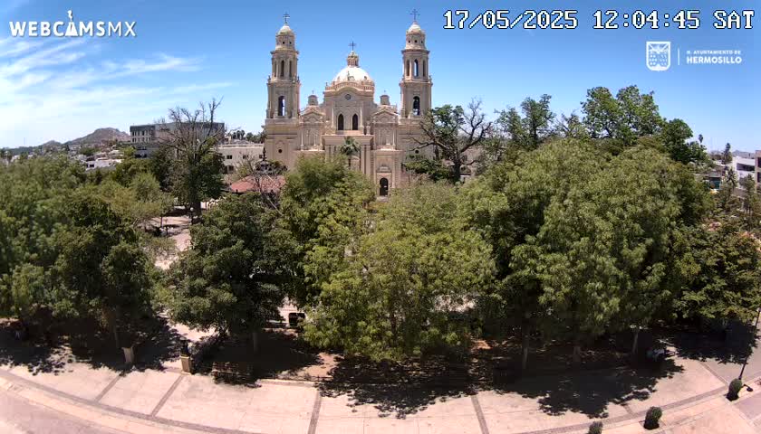 A large cathedral stands in a plaza surrounded by lush green trees under a clear blue sky.