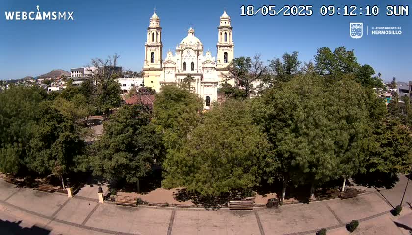 A large cathedral stands behind a plaza filled with lush green trees and benches under a clear, sunny sky.