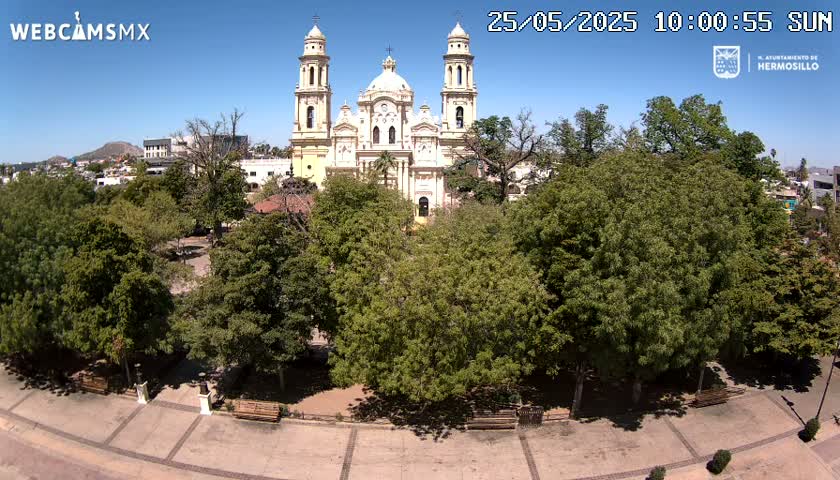 A large cathedral stands in a sunny plaza surrounded by lush green trees and benches under a clear blue sky.