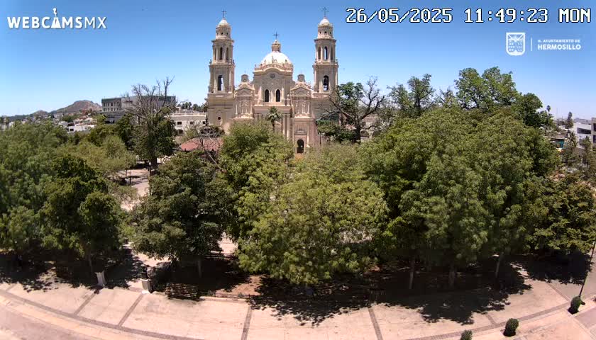 A large cathedral stands in a plaza surrounded by lush green trees under a clear blue sky.