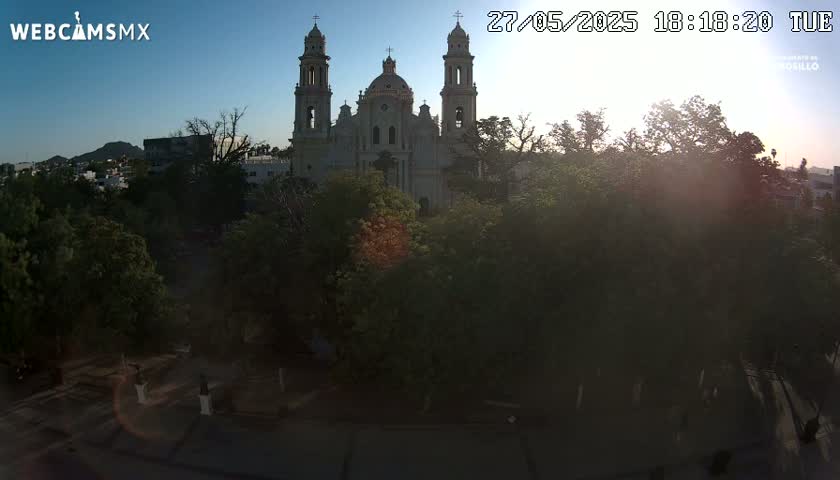 A large, light-colored cathedral is surrounded by lush green trees under a partly sunny sky at sunset.