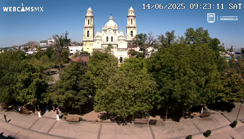 A large cathedral stands behind a plaza filled with leafy green trees and benches under a clear blue sky.
