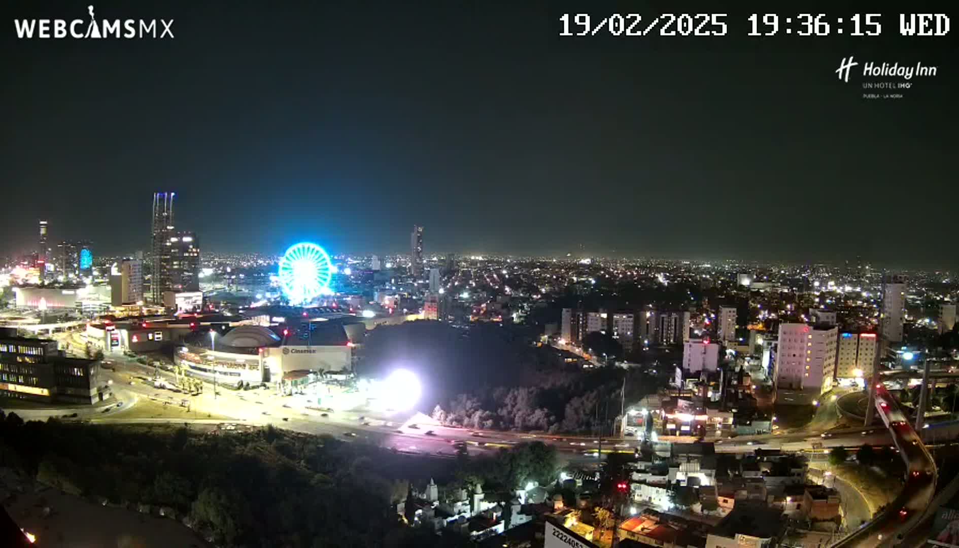 A nighttime cityscape with a Ferris wheel and illuminated buildings, viewed from a hill overlooking a highway.