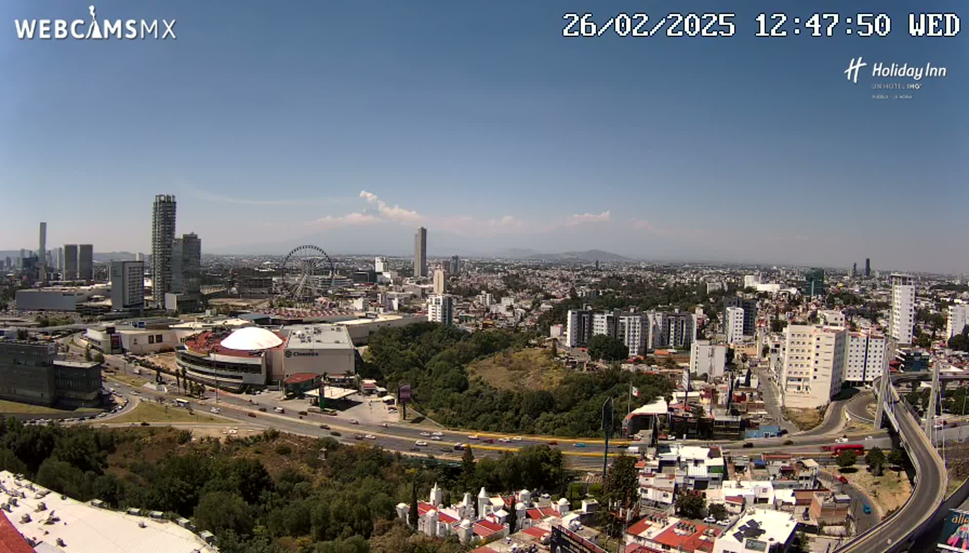 A mostly sunny, high-angle view of a sprawling city with numerous buildings, roads, and green spaces, including a Ferris wheel and a large dome-shaped structure.