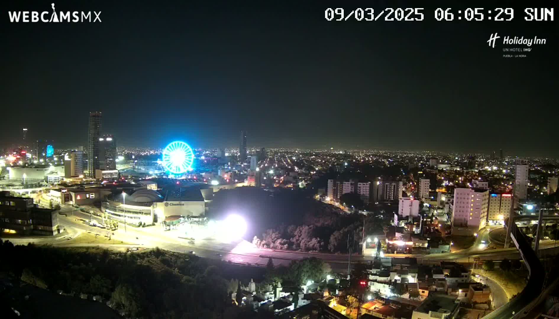 A nighttime city skyline with a Ferris wheel illuminated, showcasing a clear sky and many brightly lit buildings.