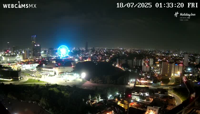 A nighttime view of a city illuminated with lights, featuring a Ferris wheel and various buildings, under a clear sky.
