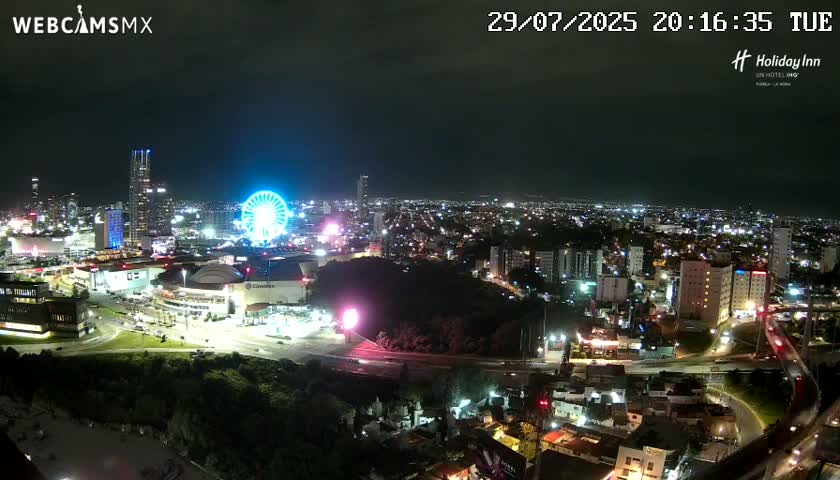 A nighttime view of a city illuminated with lights, featuring a Ferris wheel and various buildings, under a clear sky.