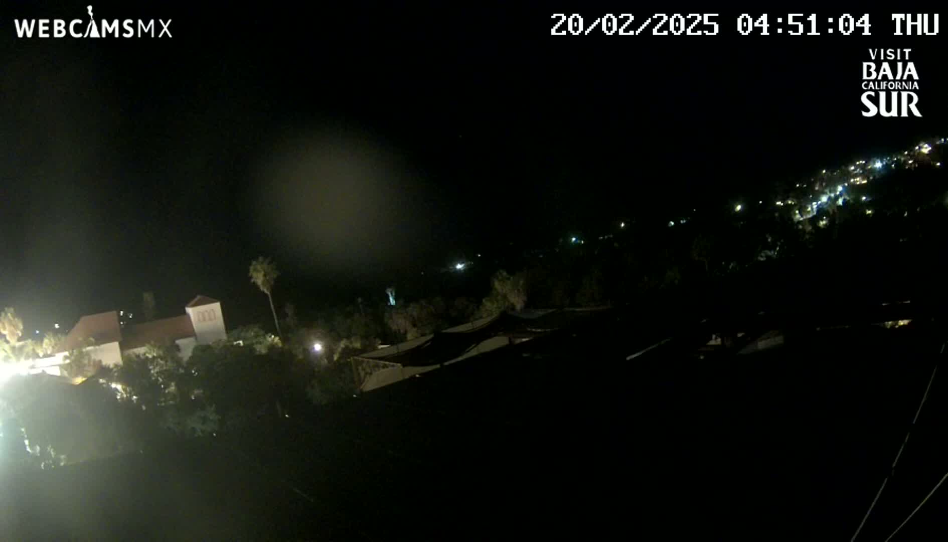 A nighttime, low-light view shows a building and surrounding trees, with a town illuminated in the distance under a dark, clear sky.