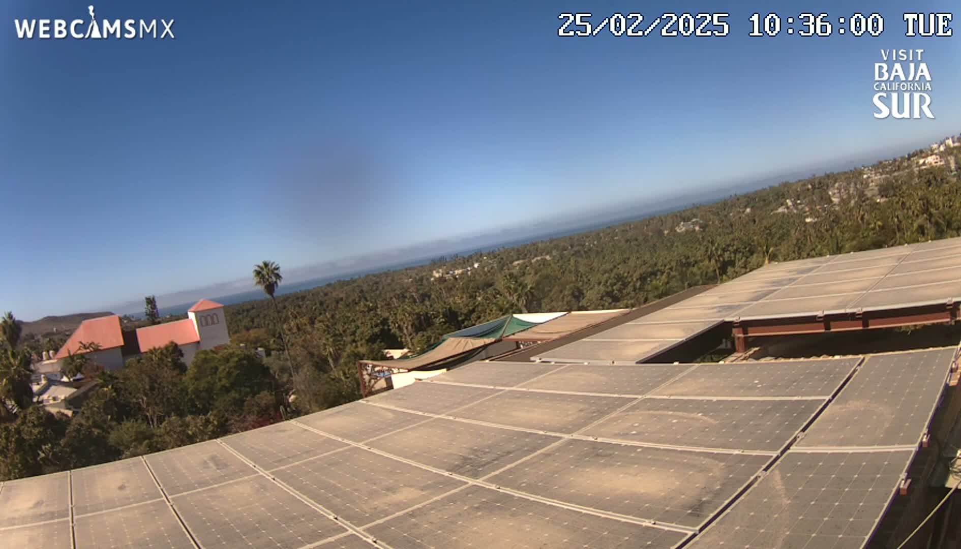 A large array of solar panels on a building overlooks a coastal town nestled amongst lush green vegetation under a clear blue sky.