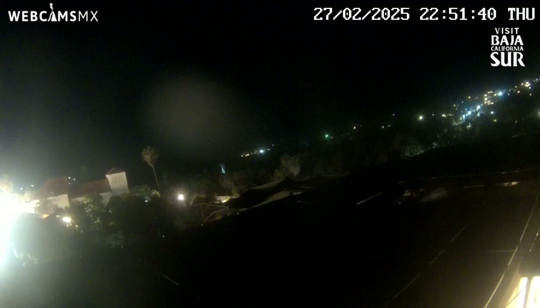 A nighttime view of a town with dimly lit buildings and trees under a dark, clear sky.