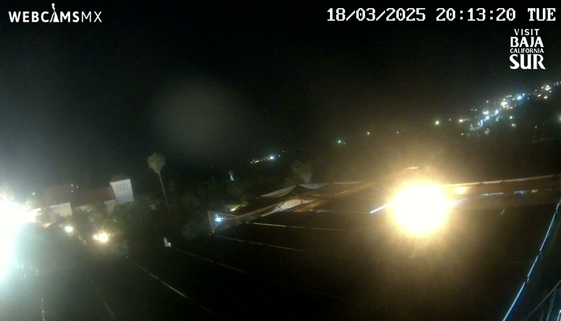 A nighttime, slightly hazy view shows a road with cars driving past buildings and vegetation, illuminated by streetlights.